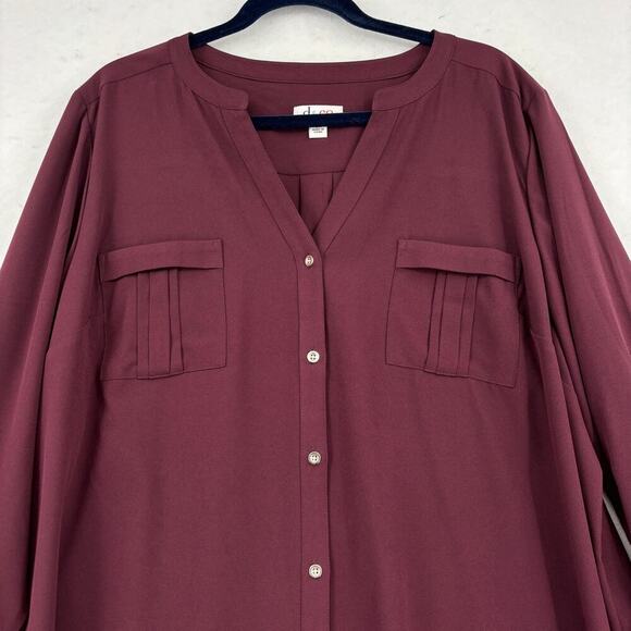 Denim & Co Blouse Top Size 2X Raisin Red Button Up Shirt Roll Tab Sleeve Stretch - Picture 2 of 9